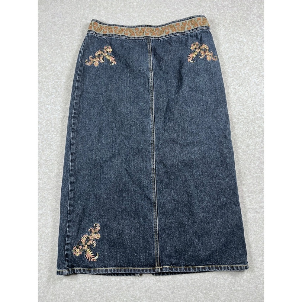 VTG Denim Maxi Skirt 10 Blue Embroidered Floral Y2K Country Concert Festival